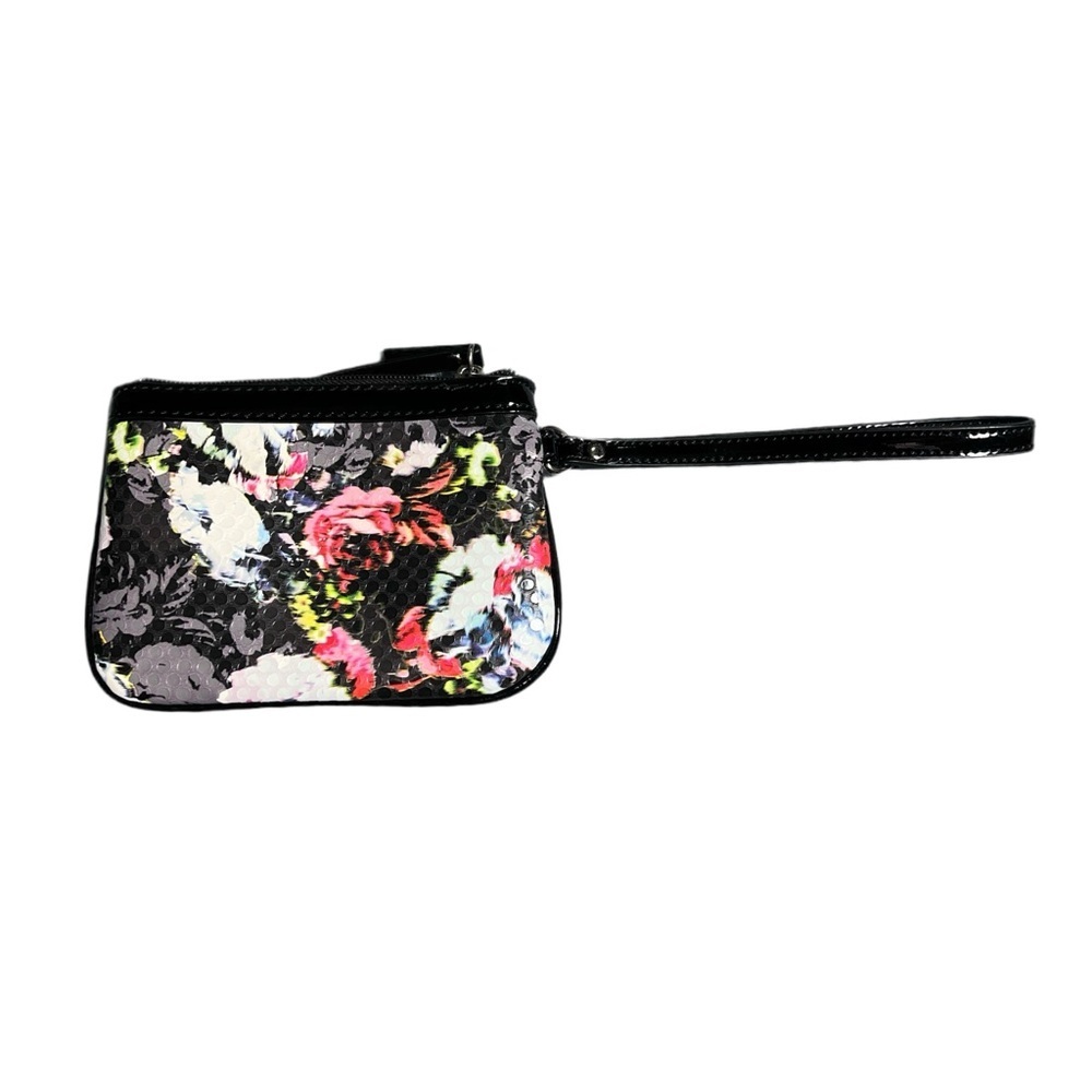 🖤🌸 Nine West Floral Wristlet Clutch Black Patent Trim Zipper Pouch 🌸🖤 - Picture 4 of 5